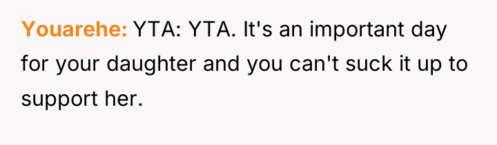Youarehe YTA: YTA. It's an important day for your daughter...