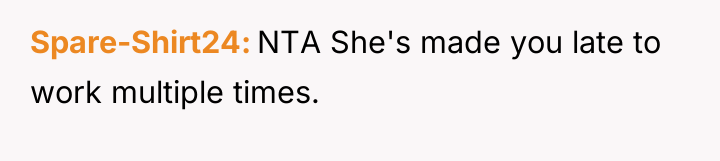 Spare-Shirt24 NTA She's made you late to work multiple times.