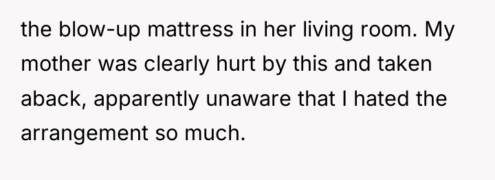 the blow-up mattress in her living room. My mother was...