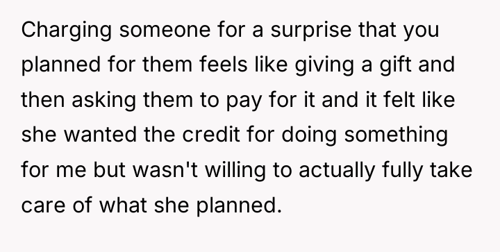 Charging someone for a surprise that you planned for them...