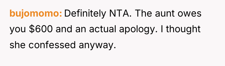 bujomomo Definitely NTA. The aunt owes you $600 and an...