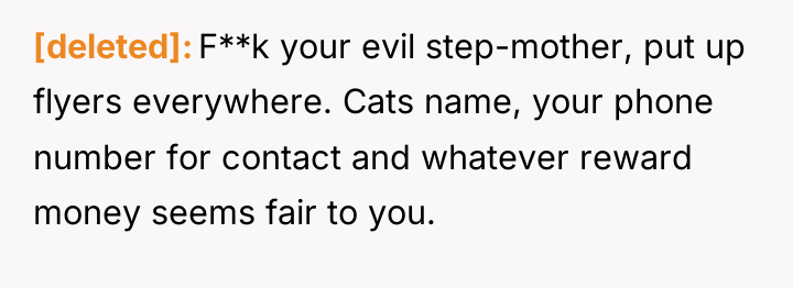 [deleted] F**k your evil step-mother, put up flyers everywhere. Cats...