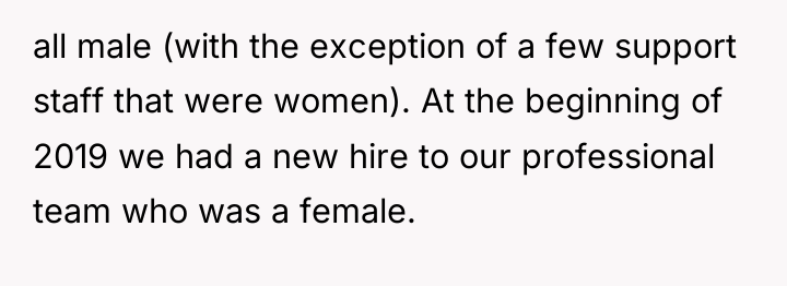 all male (with the exception of a few support staff...