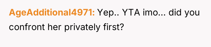 AgeAdditional4971 Yep.. YTA imo... did you confront her privately first?