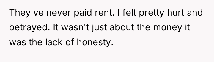They've never paid rent. I felt pretty hurt and betrayed....