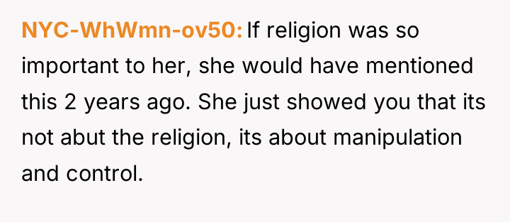 NYC-WhWmn-ov50 If religion was so important to her, she would...