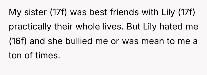My sister (17f) was best friends with Lily (17f) practically...