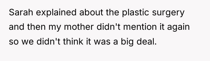Sarah explained about the plastic surgery and then my mother...