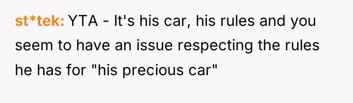 st*tek YTA - It's his car, his rules and you...