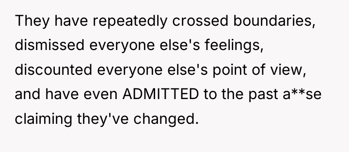 They have repeatedly crossed boundaries, dismissed everyone else's feelings, discounted...