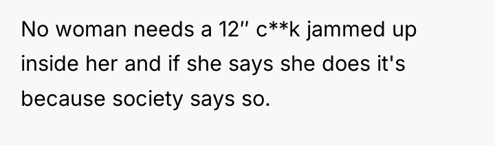 No woman needs a 12″ c**k jammed up inside her...