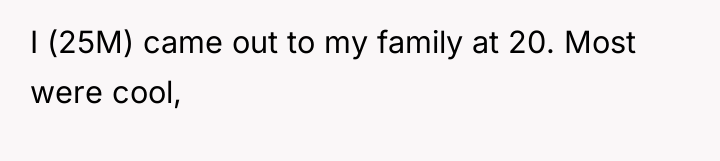 I (25M) came out to my family at 20. Most...