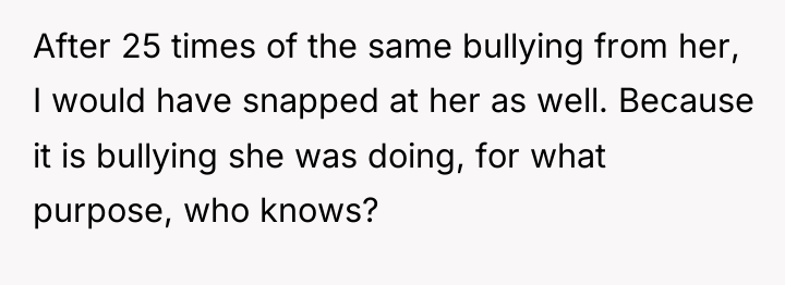 After 25 times of the same bullying from her, I...