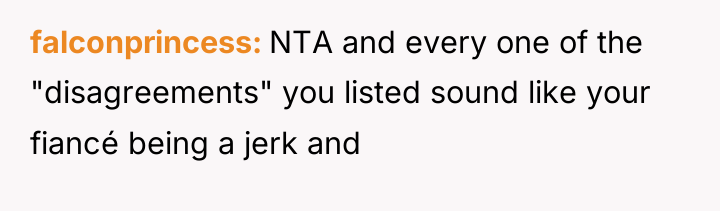 falconprincess NTA and every one of the "disagreements" you listed...