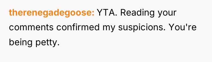 therenegadegoose YTA. Reading your comments confirmed my suspicions. You're being...