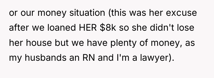 or our money situation (this was her excuse after we...