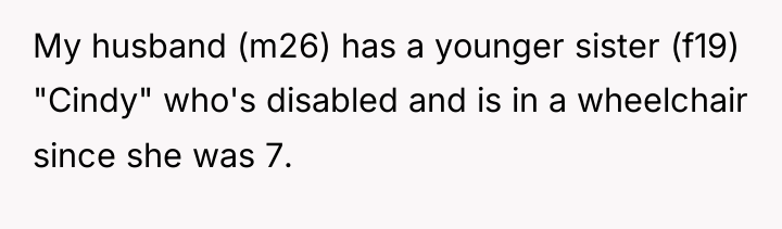 My husband (m26) has a younger sister (f19) "Cindy" who's...