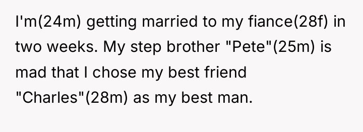 I'm(24m) getting married to my fiance(28f) in two weeks. My...