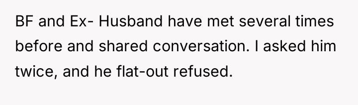 BF and Ex- Husband have met several times before and...