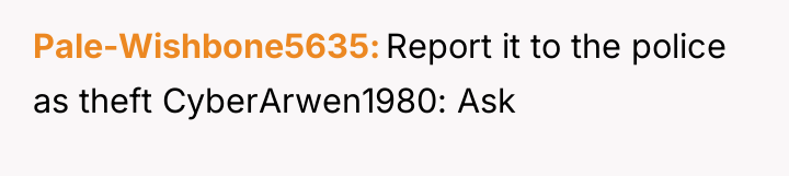 Pale-Wishbone5635 Report it to the police as theft CyberArwen1980: Ask