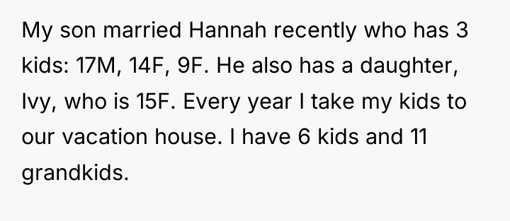 My son married Hannah recently who has 3 kids: 17M,...