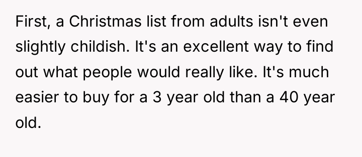 First, a Christmas list from adults isn't even slightly childish....