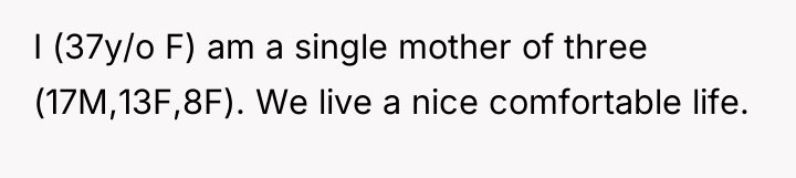 I (37y/o F) am a single mother of three (17M,13F,8F)....