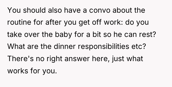 You should also have a convo about the routine for...
