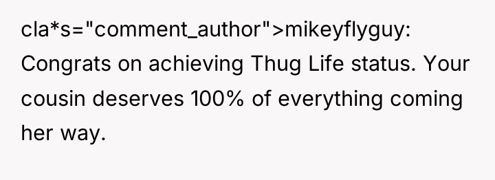 cla*s="comment_author">mikeyflyguy: Congrats on achieving Thug Life status. Your cousin deserves...