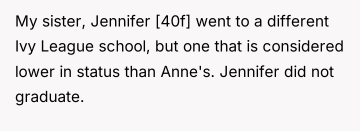 My sister, Jennifer [40f] went to a different Ivy League...