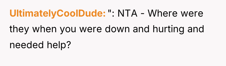UltimatelyCoolDude ": NTA - Where were they when you were...