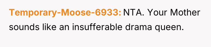 Temporary-Moose-6933 NTA. Your Mother sounds like an insufferable drama queen.