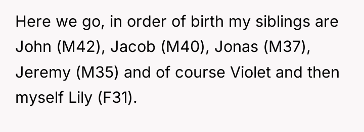 Here we go, in order of birth my siblings are...