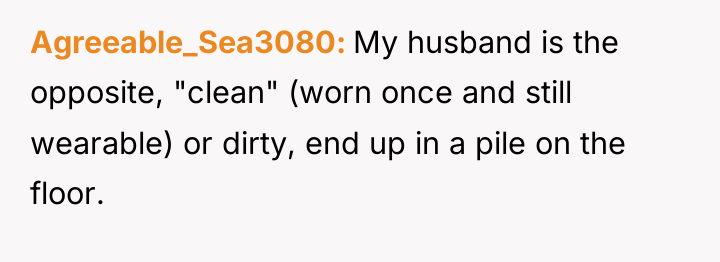 Agreeable_Sea3080 My husband is the opposite, "clean" (worn once and...