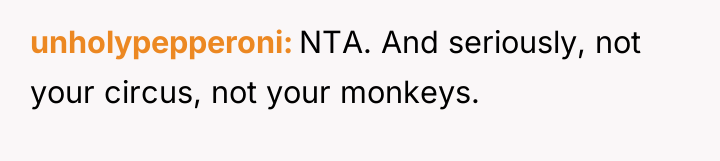 unholypepperoni NTA. And seriously, not your circus, not your monkeys.