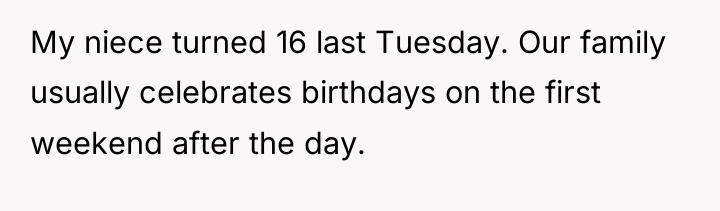 My niece turned 16 last Tuesday. Our family usually celebrates...