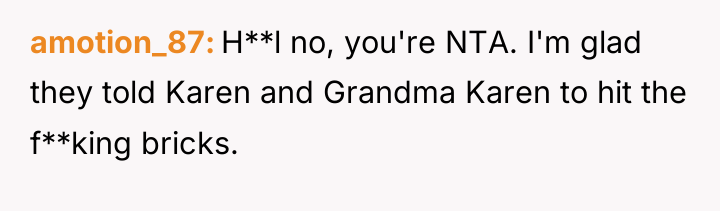amotion_87 H**l no, you're NTA. I'm glad they told Karen...