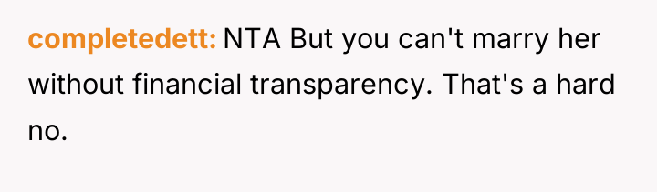completedett NTA But you can't marry her without financial transparency....