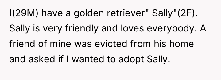 I(29M) have a golden retriever" Sally"(2F). Sally is very friendly...