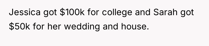 Jessica got $100k for college and Sarah got $50k for...