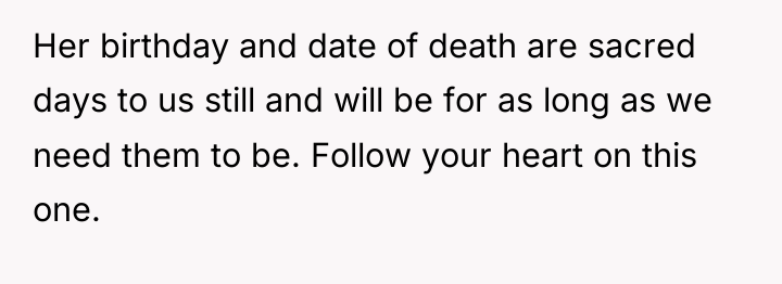 Her birthday and date of death are sacred days to...