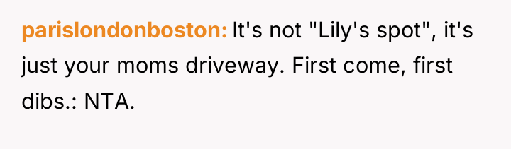 parislondonboston It's not "Lily's spot", it's just your moms driveway....