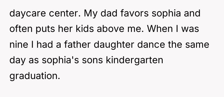 daycare center. My dad favors sophia and often puts her...