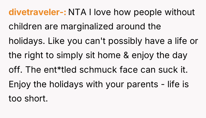 divetraveler- NTA I love how people without children are marginalized...