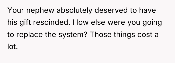 Your nephew absolutely deserved to have his gift rescinded. How...