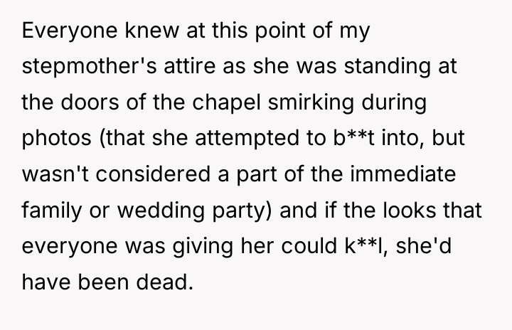 Everyone knew at this point of my stepmother's attire as...