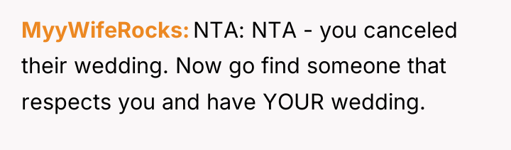 MyyWifeRocks NTA: NTA - you canceled their wedding. Now go...