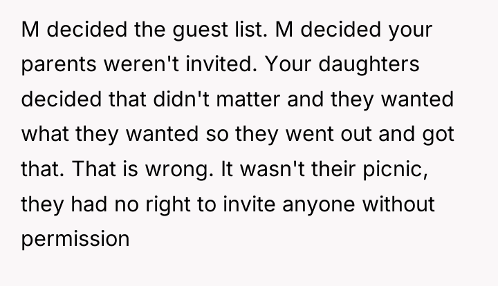 M decided the guest list. M decided your parents weren't...