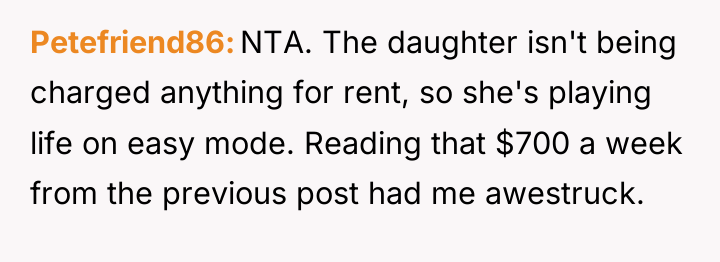 Petefriend86 NTA. The daughter isn't being charged anything for rent,...