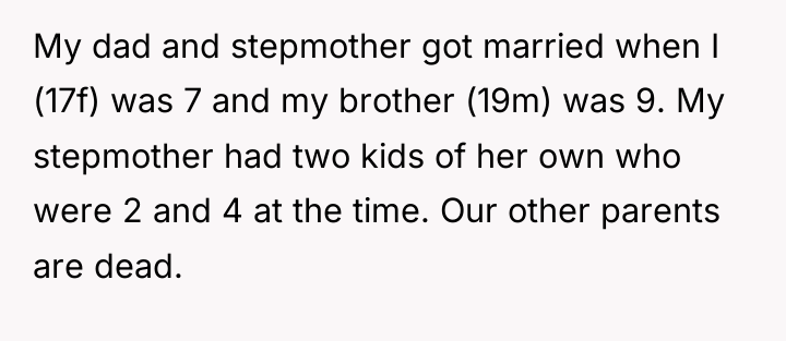 My dad and stepmother got married when I (17f) was...